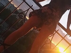 Afretwork Sexy Show at Office Balcony # NO PANTIES in Office at Sun Set