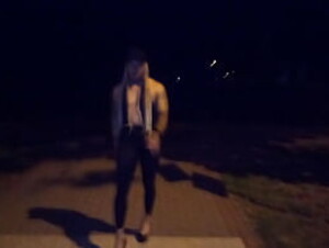 Tranny AnielskaDzika walks she walks down the street at night