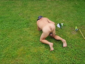 naked slave pig exposed outdoor party, enema, cucumber fuck and bottle in gay c*nt, BDSM