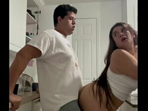 Naughty Colombian TikToker La Paisa Fucks neighbor in the kitchen while Family upstairs!! Cumshot on Natural Big Boobs