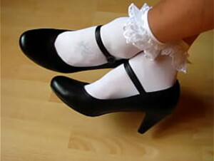 black leather pumps and frilly socks, shoeplay by Isabelle-Sandrine