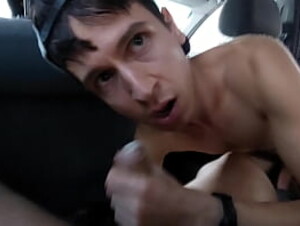 Young naked twink cruising at a nude beach and publicly jerking off til he gets a load in car